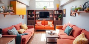 Spațiu mic, mobilier multifunctional, culori vesele, soluții de depozitare.