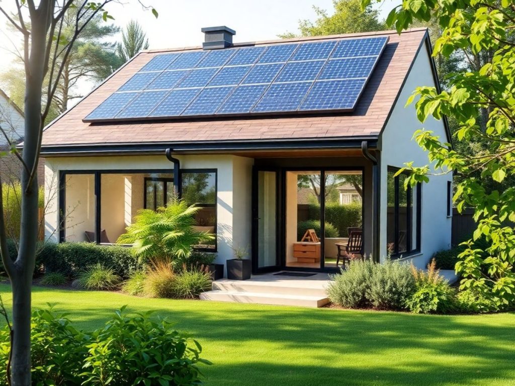 Strategii inovatoare pentru creșterea eficienței energetice în locuințe 1 Casă modernă cu panouri solare și feronerie eficientă.