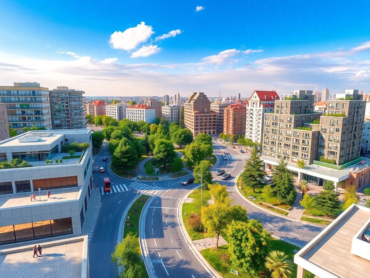 Peisaj urban modern dintr-un oraș românesc.
