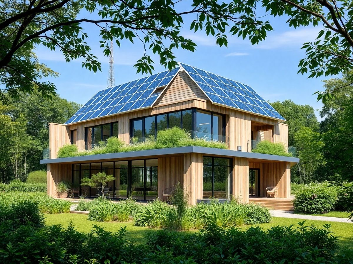 Clădire ecologică cu panouri solare și vegetație abundentă.