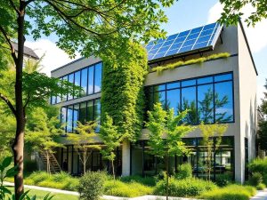 Arhitectura Smart 21 Clădire modernă ecologică cu panouri solare și vegetație.