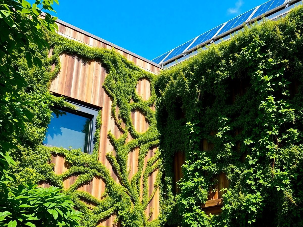 Clădire modernă, materiale sustenabile, natură luxuriantă, energie verde