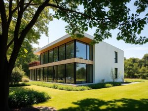 Casă modernă, verde, cu panouri solare și grădină.