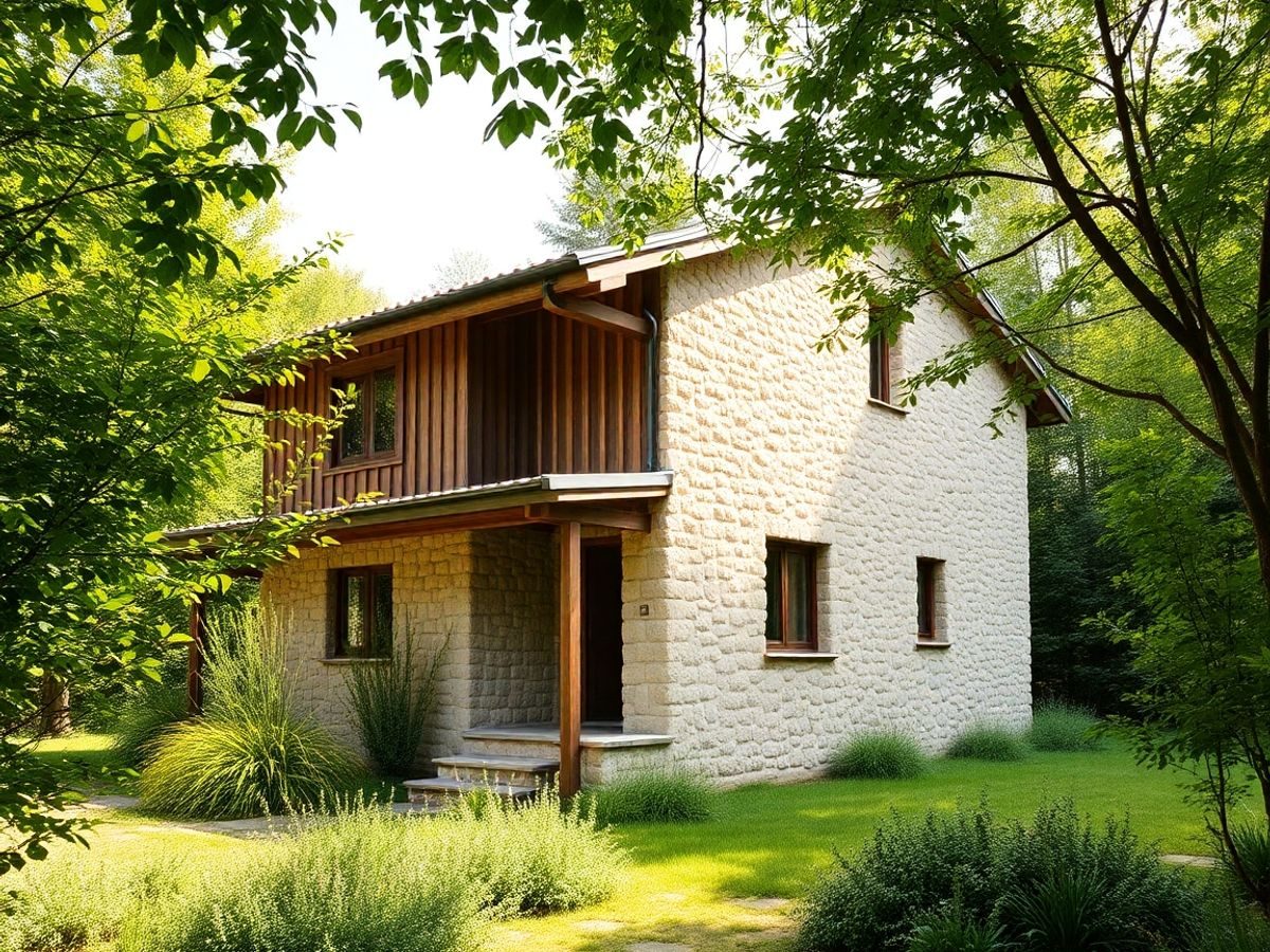 Casă din materiale ecologice, înconjurată de natură.
