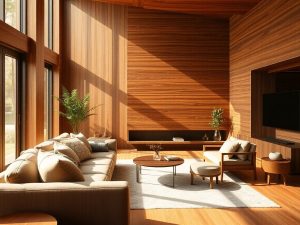 Interioare moderne cu texturi bogate și iluminare caldă.