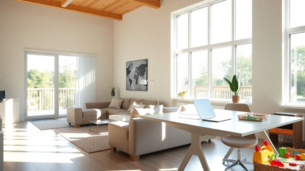 Interior modern cu zonă de lucru și spațiu de joacă.