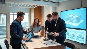 Arhitecți lucrând la un model 3D pe ecrane digitale.