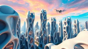 Oraș futurist cu arhitectură parametrică și clădiri organice.